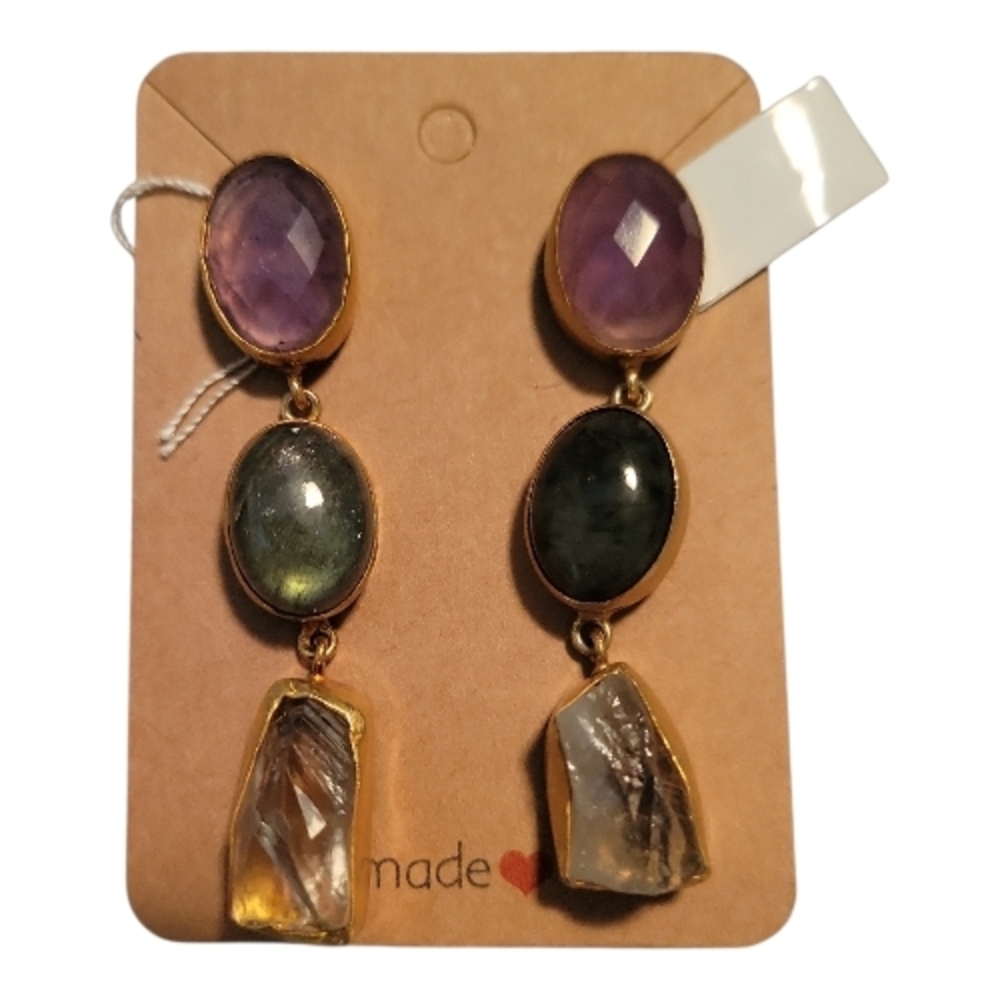 Chic Amethyst,labrodite & Rough Cut Aquamarine Gold Drop Earrings